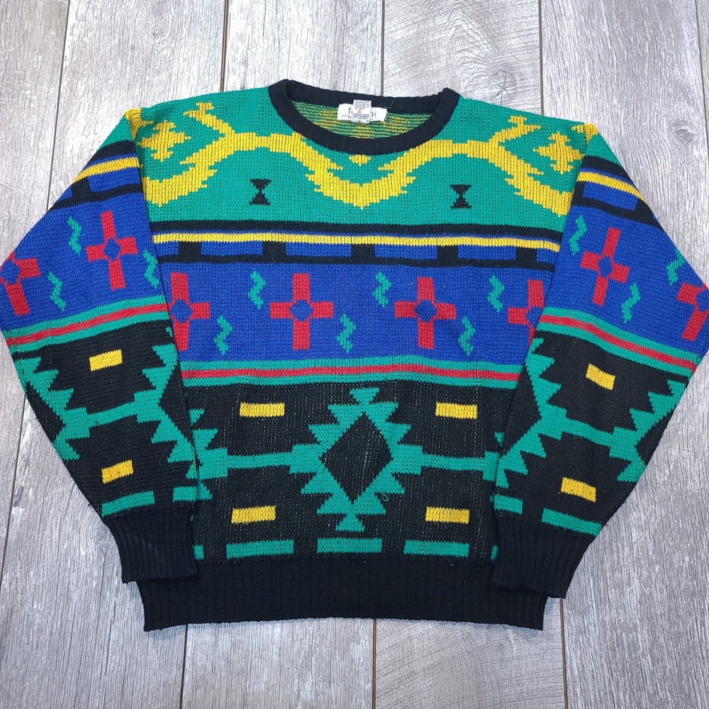 Fellini Knit Sweater Men Medium Multi-Color Geometric Southwestern Crew Neck Y2K